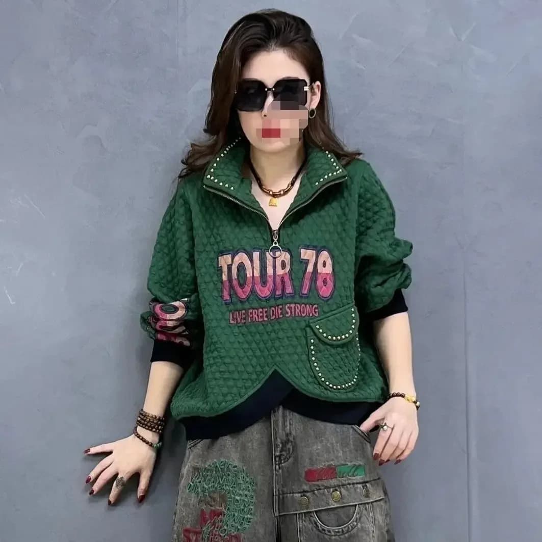 Stand Collar with Rivets Embroidery and Silk Cotton Hoodies European Autumn Winter New Fashionable and Casual Versatile Loose