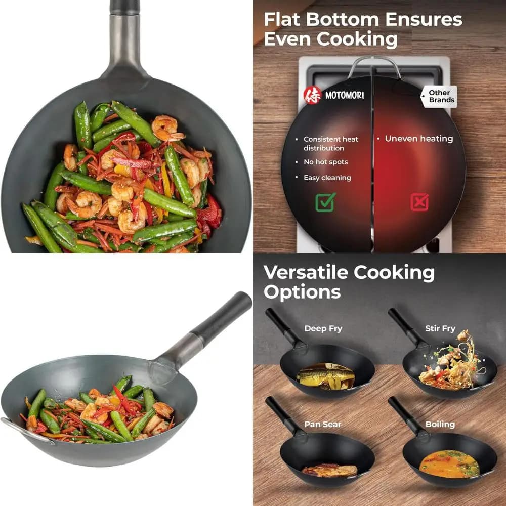 12 carbon steel Wok with wooden handle and support handle - Japanese flat-bottomed pan