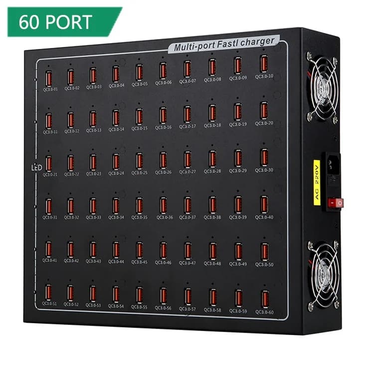 Logo personalizzato QC3.0 Docking station di ricarica USB intelligente da 700 W a 60 porte per dispositivi multipli con ventola di raffreddamento