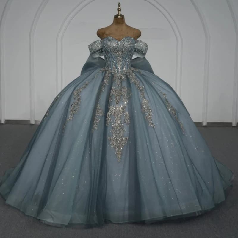 Navy Blue Glitter Quinceanera Dresses Off Shoulder Ball Gown Sweet 16 Dress Applique Lace Beading Crystal Bow Tull Corset Birthd