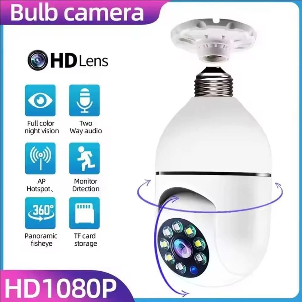 Telecamera di Sorveglianza HD 1080P con Attacco E27, Antifurto per Interni ed Esterni, Monitor di Sicurezza Wireless WiFi con Visione Notturna e Audio, Telecamera IP
