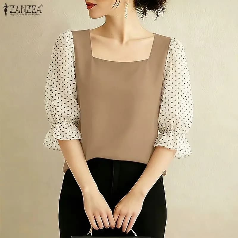 Camicette Eleganti da Donna Primavera Estate con Scollo Quadrato, Maniche a Sbuffo 3/4, Patchwork a Pois, Top Pullover ZANZEA Abbigliamento Donna S-3XL