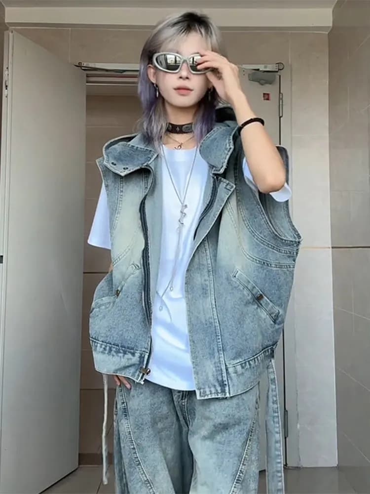 High Street Deconstructed Workwear Vintage Denim Vest Unisex Washed Design Hooded Open Cardigan Jacket Trendy Youth Casual