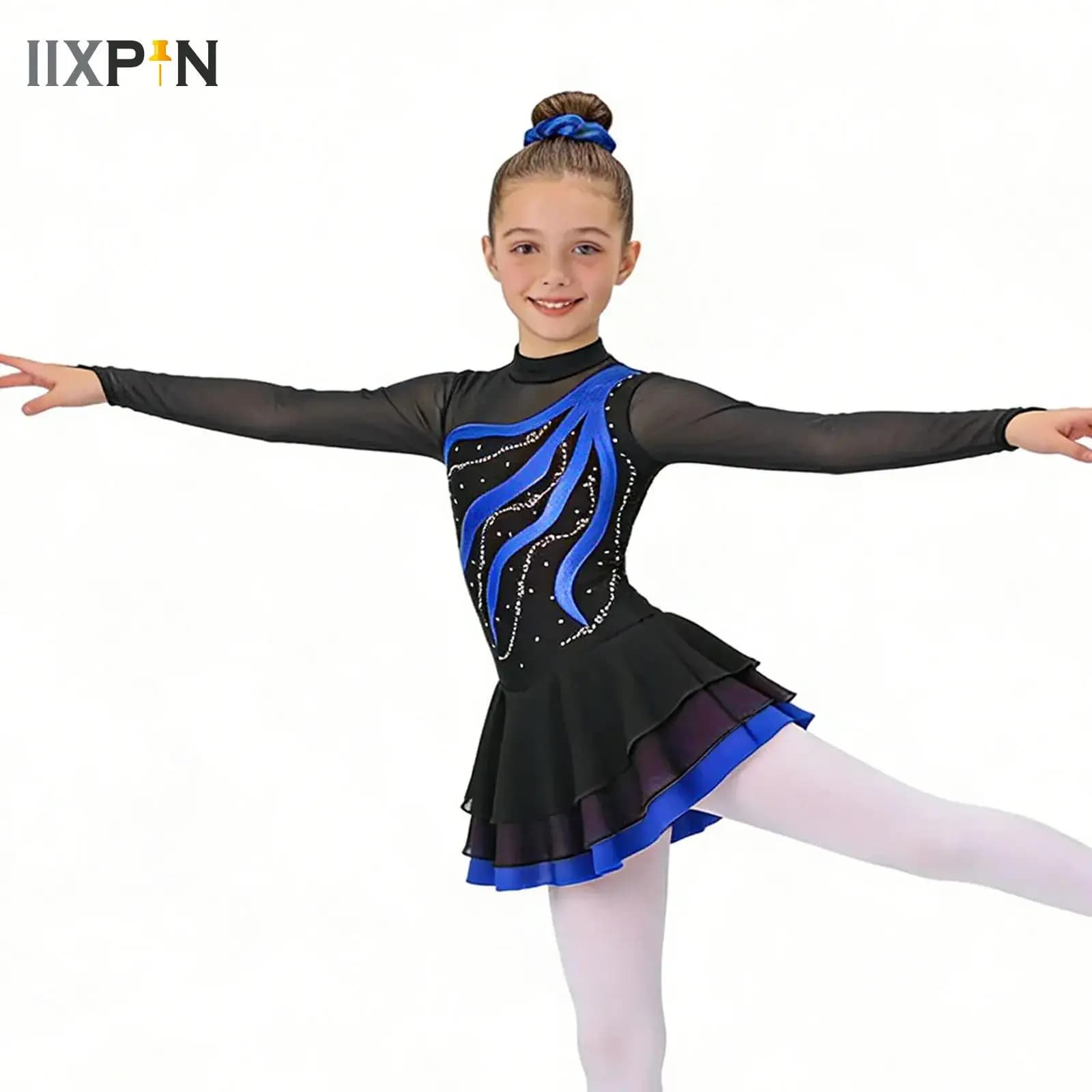 Ballet Jersey Dance Gymnastics Leotard Kids Girls Figure Skating Dress Long Sleeve Mesh Lyrical Stage Performance Costume Outfit