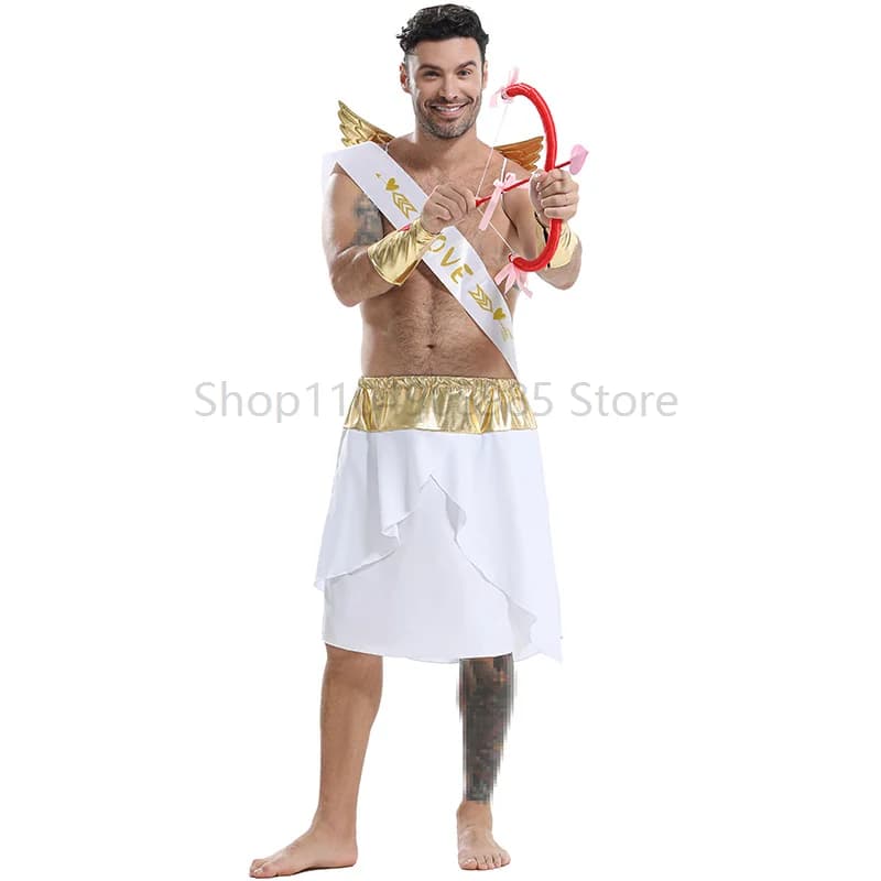 Costume da Toga per uomo, dio greco romano dell'amore, San Valentino, con ala d'oro, fiocco a freccia, monospalla, con fascia d'amore