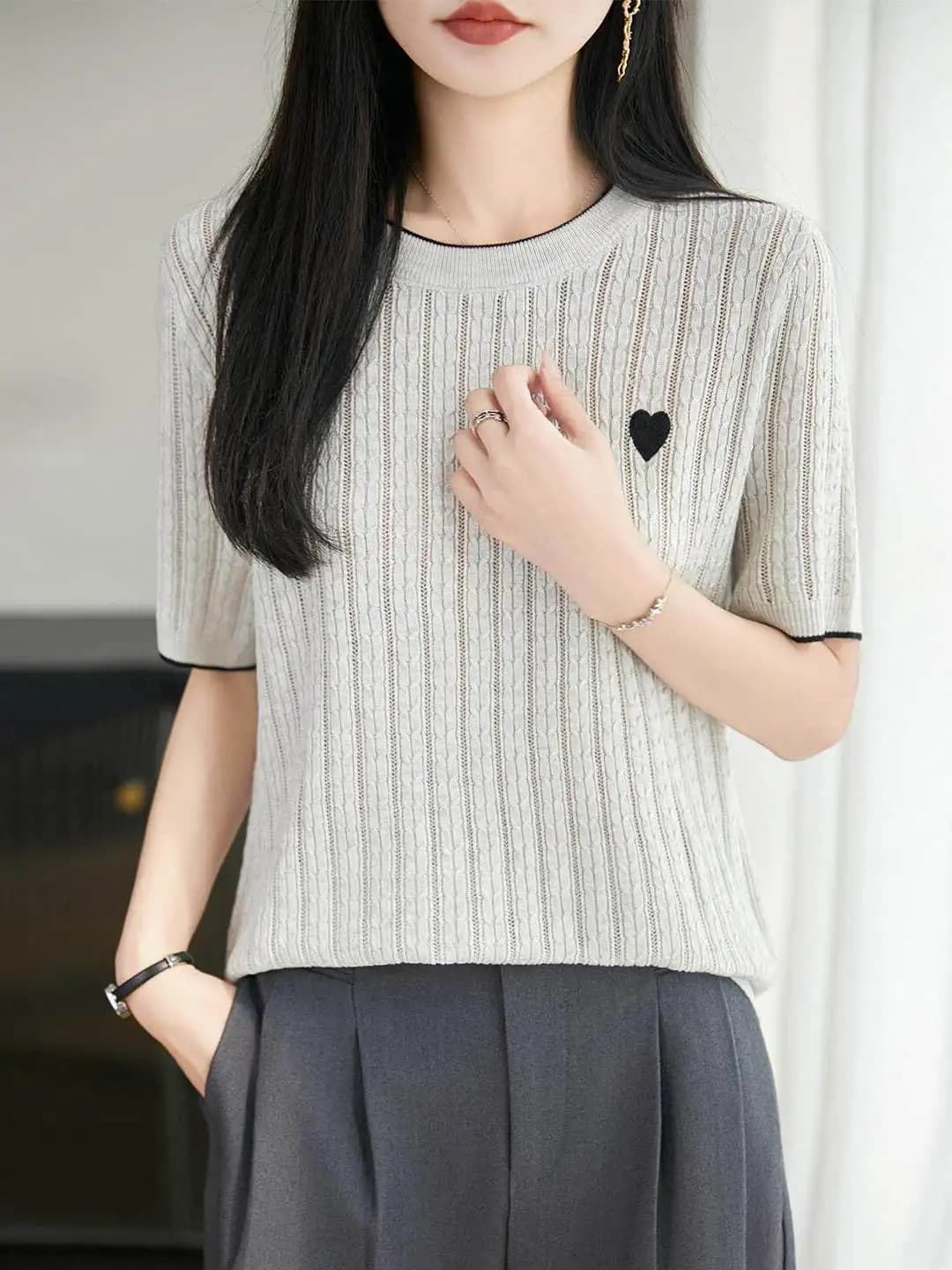 French Style Ice Silk Knitted Short Sleeve T-Shirt Women Summer Thin Drapey Slimming Top Small Size Half Sleeve Embroidery