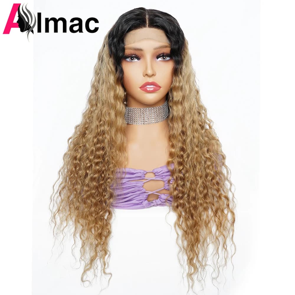 Water Wave 4x4 Lace Closure Wigs 1B27 Honey Blonde Human Hair Wig Transparent Glueless Brazilian Virgin Remy Hair Pre-Plucked