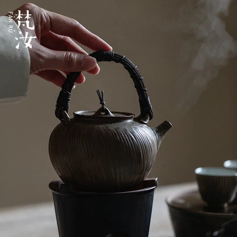 Fanyu Japanese-Style Pottery Artist's Rattan-Woven Kettle Suitable For Open Flame Charcoal Fire And Electric Ceramic Stoves