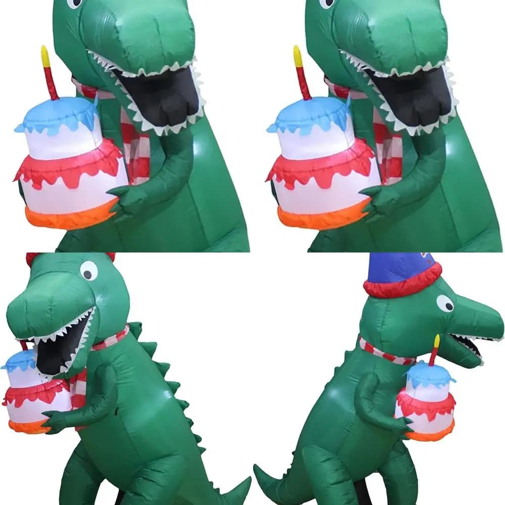Decorazione di compleanno di dinosauro verde gonfiabile da 7 piedi con torta, candela e luci a LED per uso interno/esterno