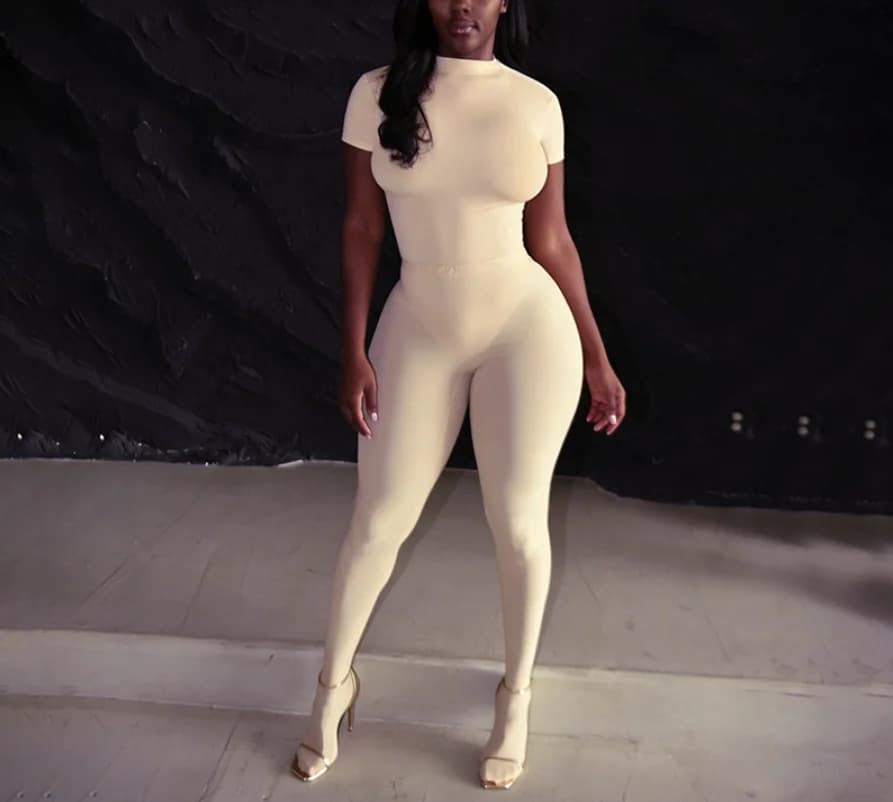 Summer New Fashionable Sexy Women's Set Round Neck Solid Color Tight Short Sleeve Jumpsuit and High Waist Tight Pants Sock Set