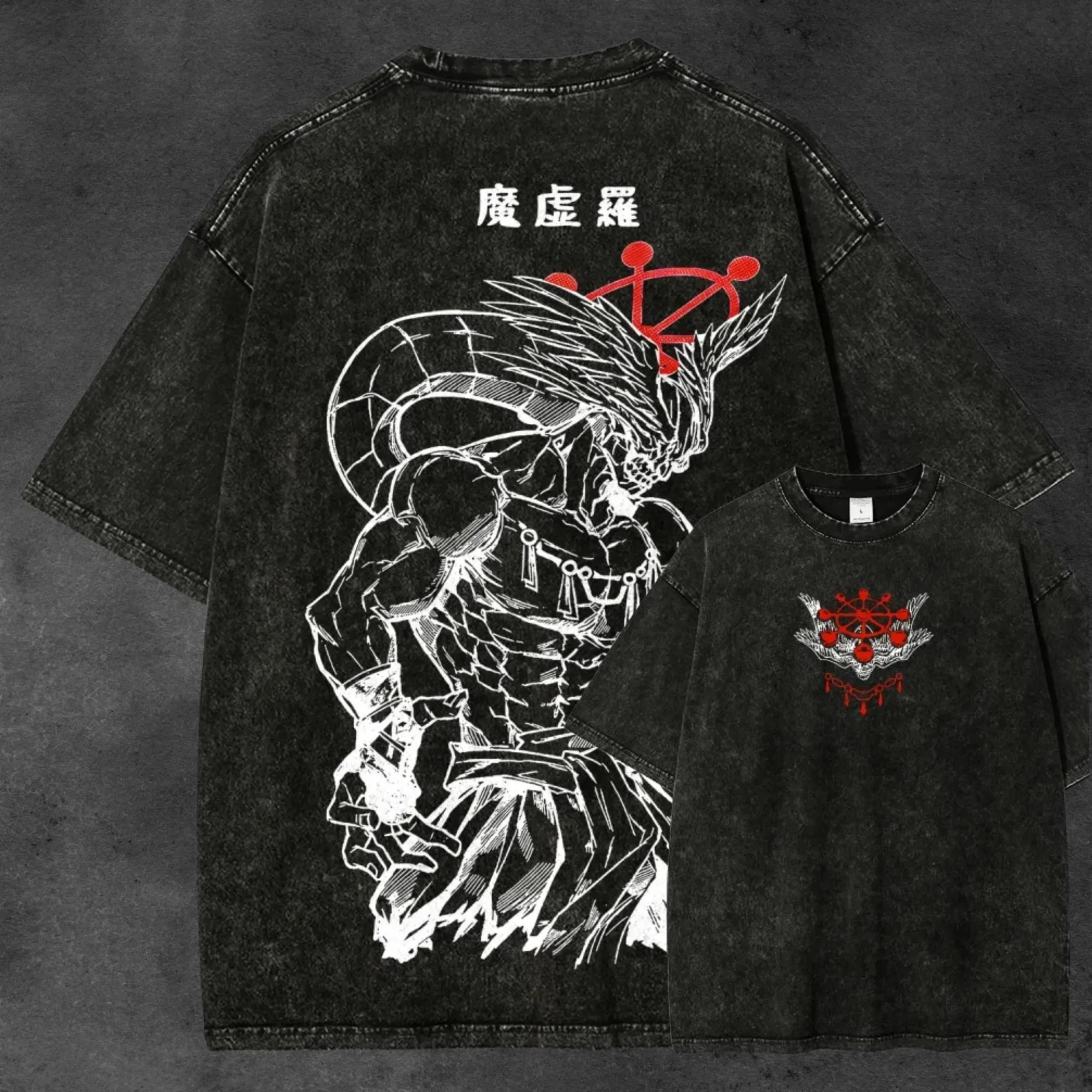 T-Shirt Mahoraga Jujutsu Kaisen da Uomo, Effetto Acid Wash, Grafica Anime Mahoraga Wheel, Streetwear Shikigami Divine Dog, Maglietta Vintage Bootleg