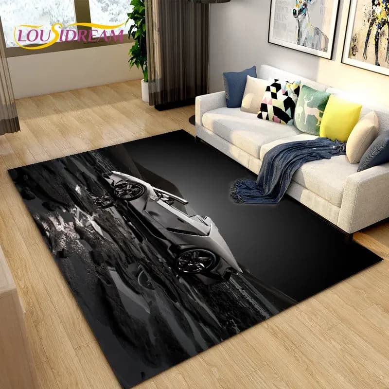 New car carpet with 3D sports car concept, living room carpet, bedroom, sofa, tirbino, decoration, children's non-slip mat