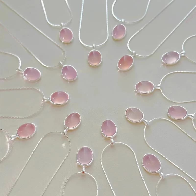 925 Sterling Silver Oval Pendant Necklace Natural Pink Crystal Moonstone Simple Collarbone Chain Fashion Party Jewelry For Women