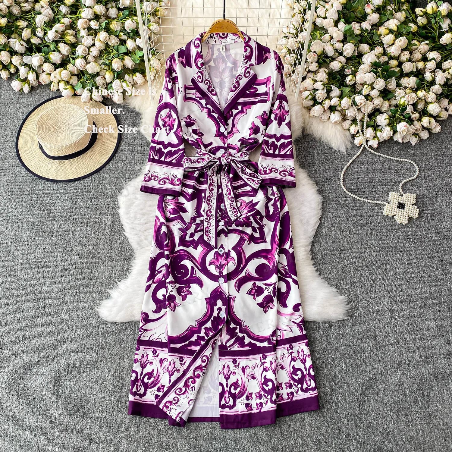 Autunno Pocelain Print Dresses Midi Shirts Women's Shorts Print Belt Long Dress Trained Big Size Bohemian Vacation Robe