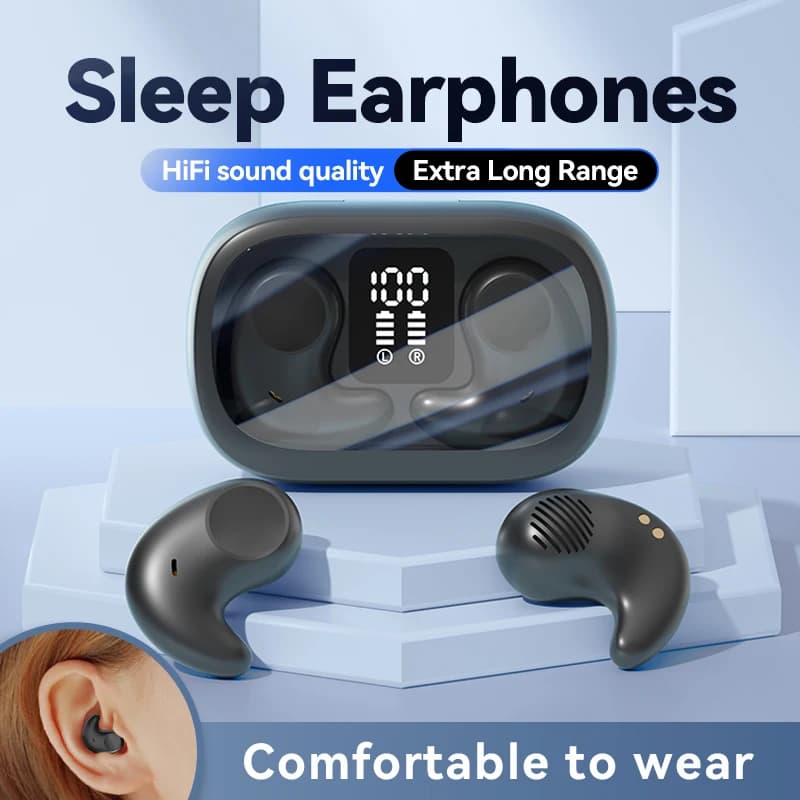 Cuffie Bluetooth 5.3 TWS per dormire, auricolari sportivi wireless, stereo HiFi, display LED, mini, cuffie per dormire sul fianco