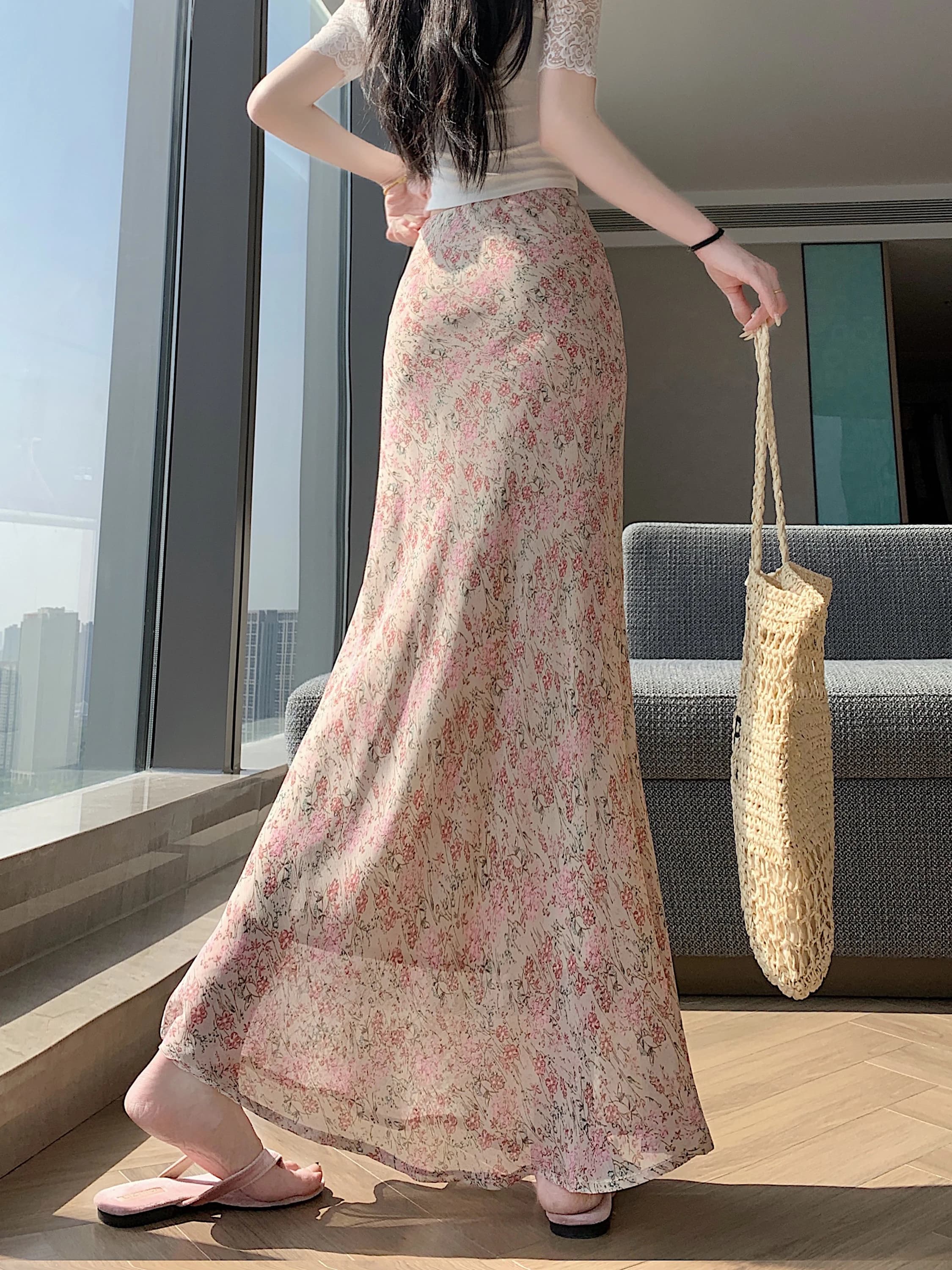 Gonna a mezza lunghezza con stampa floreale rosa, gonna estiva da donna a vita alta, sottile, modellante, fluida, lunga, avvolgente, stile coreano