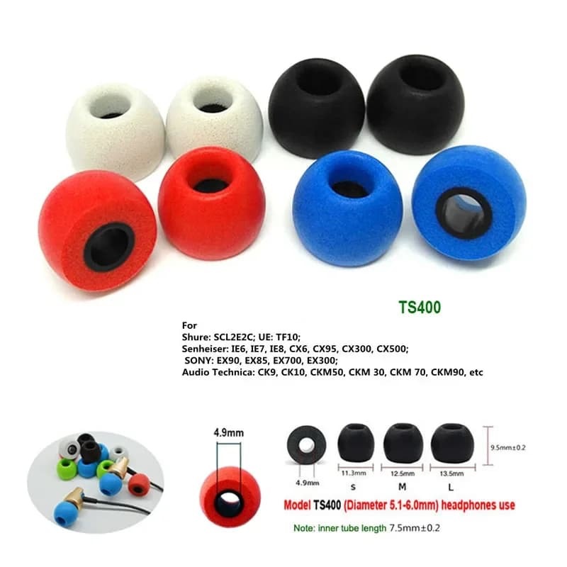 10 Paia di Auricolari in Memory Foam TS-400 4.9mm, Cuscinetti di Ricambio per Cuffie In-Ear, Bassi Potenziati, Set L M S C