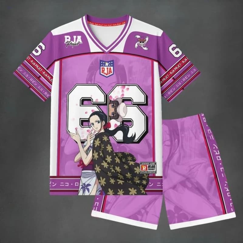 Set di maglie floreali da uomo Nico Robin Cherry Blossom, maglietta a maniche corte One Piece Anime e # 66 Shorts Streetwear con scollo a V