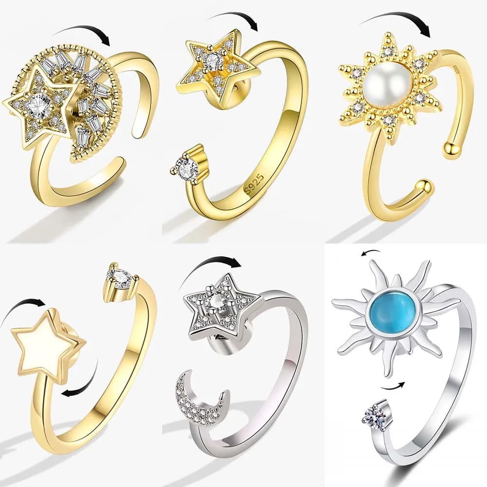 Anelli Antistress e Antiansia per Donne, Anelli Girevoli in Metallo con Sole, Stella e Luna, Regolabili e Aperti, Gioielli Regalo