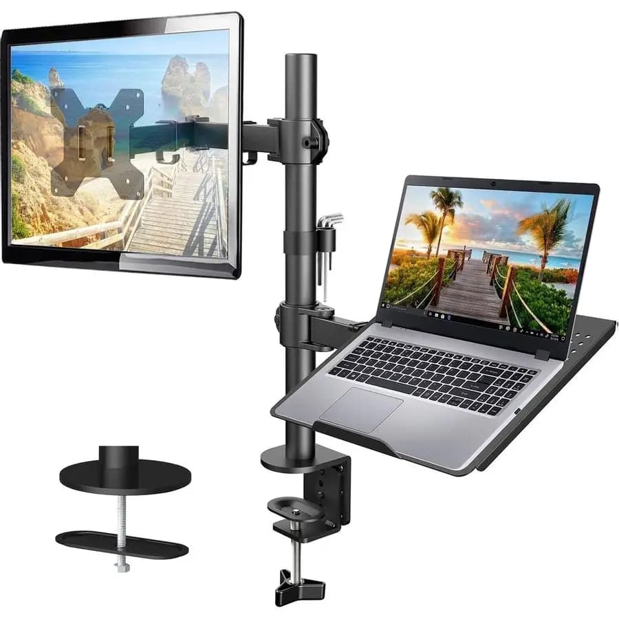 Adjustable monitor stand, 32 inch single arm desk and 17 inch laptop, ergonomic load-resistant bracket up to 22 pounds