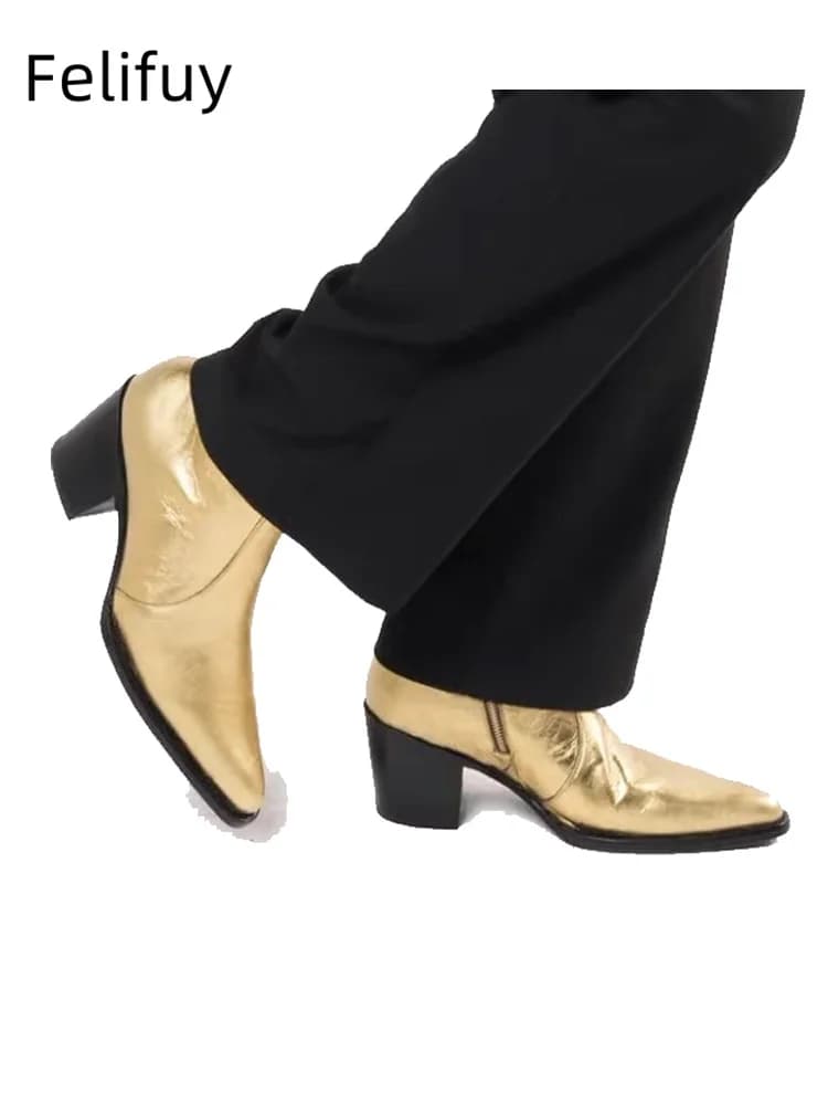 New Gold 6CM Tacco alto Scarpe fatte a mano da uomo in vera pelle con cerniera Chelsea Stivali a punta da uomo Stivaletti slim da festa/matrimonio