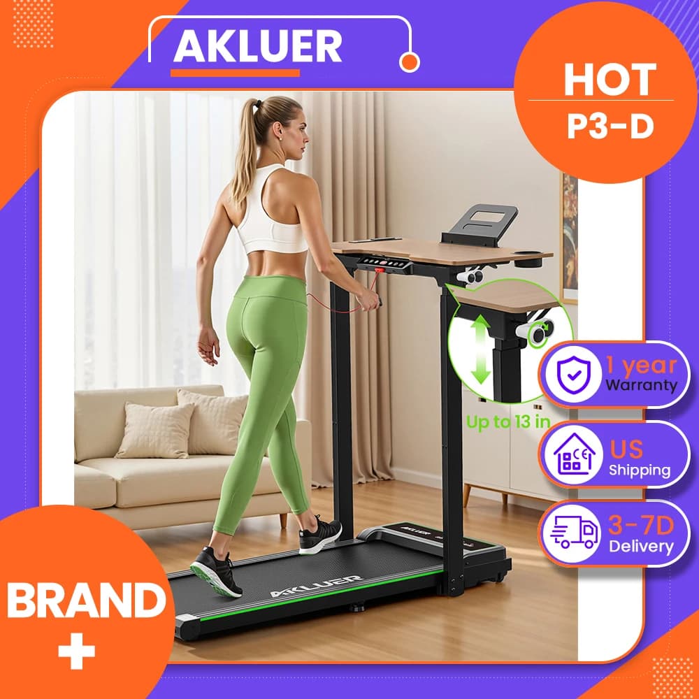 Akluer P3-D Adjustable Height Desk Treadmill, 2.5HP Motor, 0.6–6.2MPH Speed, 150kg Max Load, 105x42cm Running Area, 6-Layer Running Belt & 80×40cm Desktop