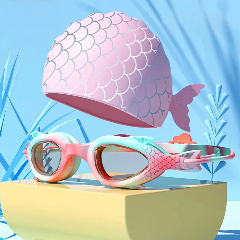 Swimwear for children; Set of swimming glasses with waterproof silicone swim cap and anti-fog; Underwater swimwear.