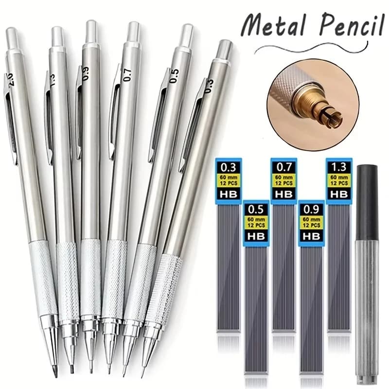 Set di matite meccaniche interamente in metallo 0.3mm 0.5mm 0.7mm 0.9mm 1.3mm 2.0mm HB, matita automatica per disegno artistico, scrittura e schizzi
