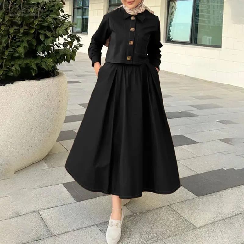 ZANZEA Womens Muslim Fashion Skirt Suits Long Sleeve Shirt & A-Line Midi Skirt Loose 2 Pieces Sets Islamic Solid Color Outfits