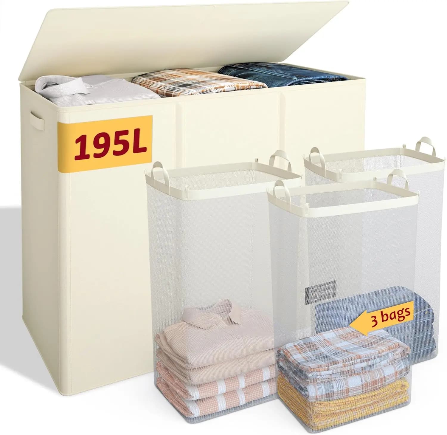 195L Large Wallet Basket with Cover, 3 Parts and Removable Bags, Foldable Organizer for Home Use