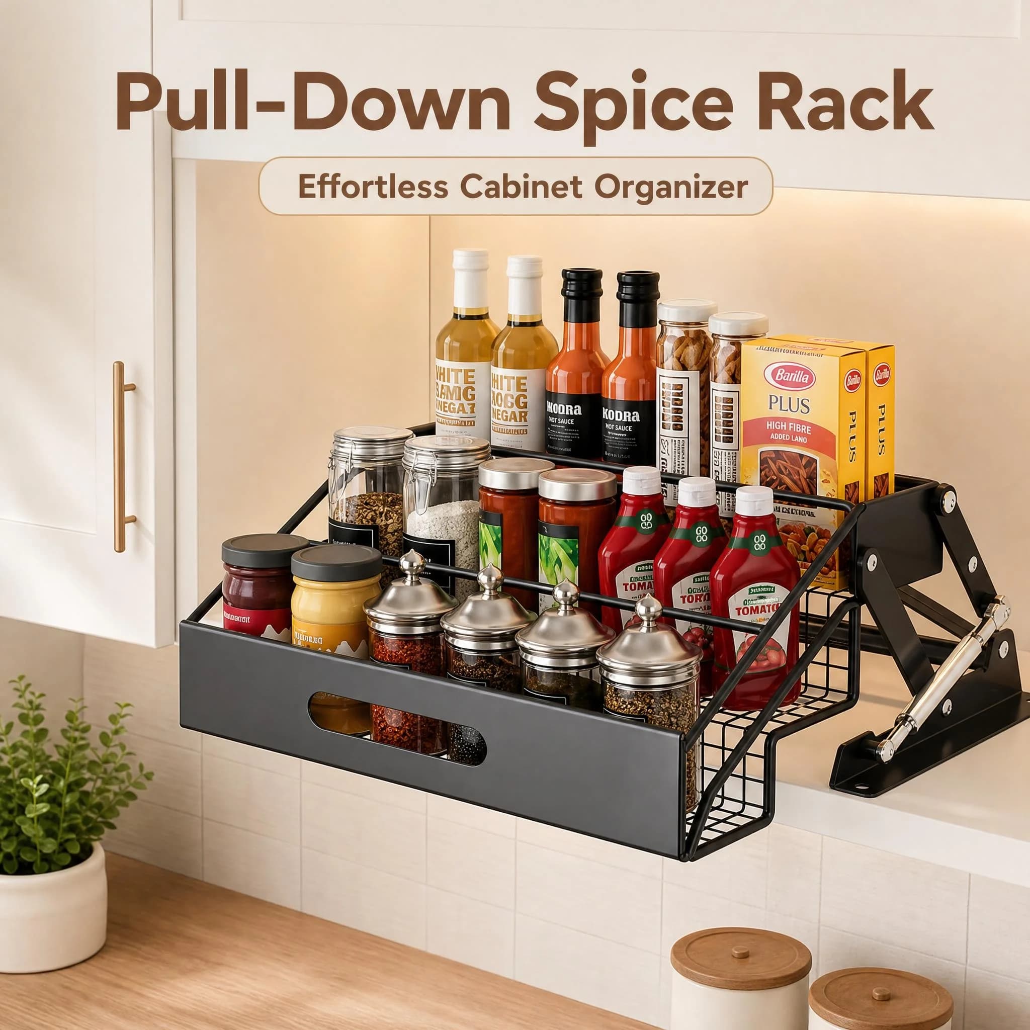 Pull Down Cabinet Spice Rack Hydraulic Soft Close 2 Tier Carbon Steel No Drill Kitchen Seasoning Pot Lid Storage Organizer