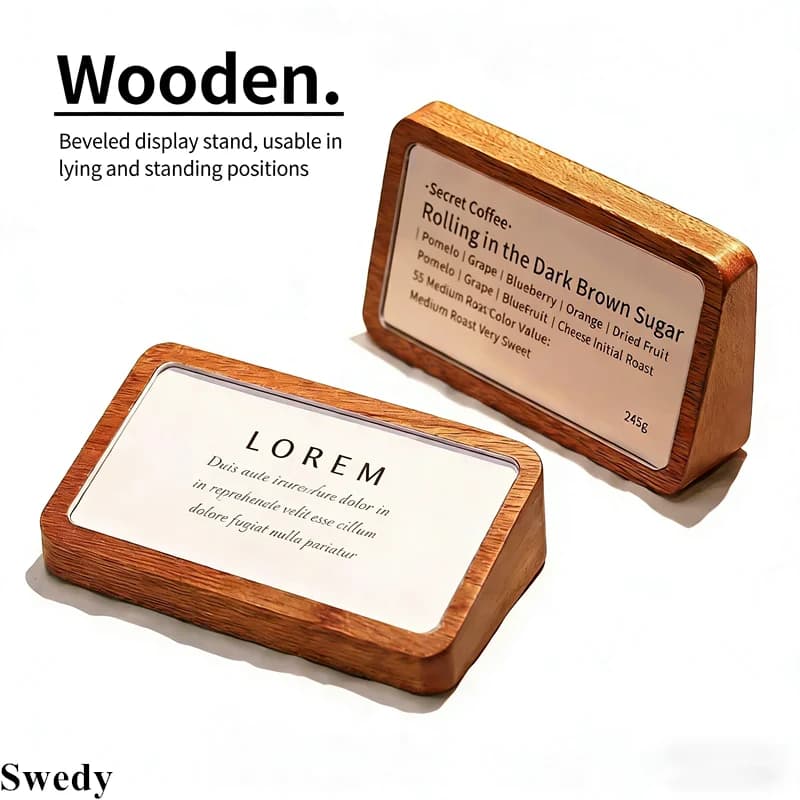 Set di 5 Portaetichette in Acrilico con Base in Legno 78x38mm, Espositore per Menu, Porta Prezzi, Porta Nome, Etichette per Cartellini