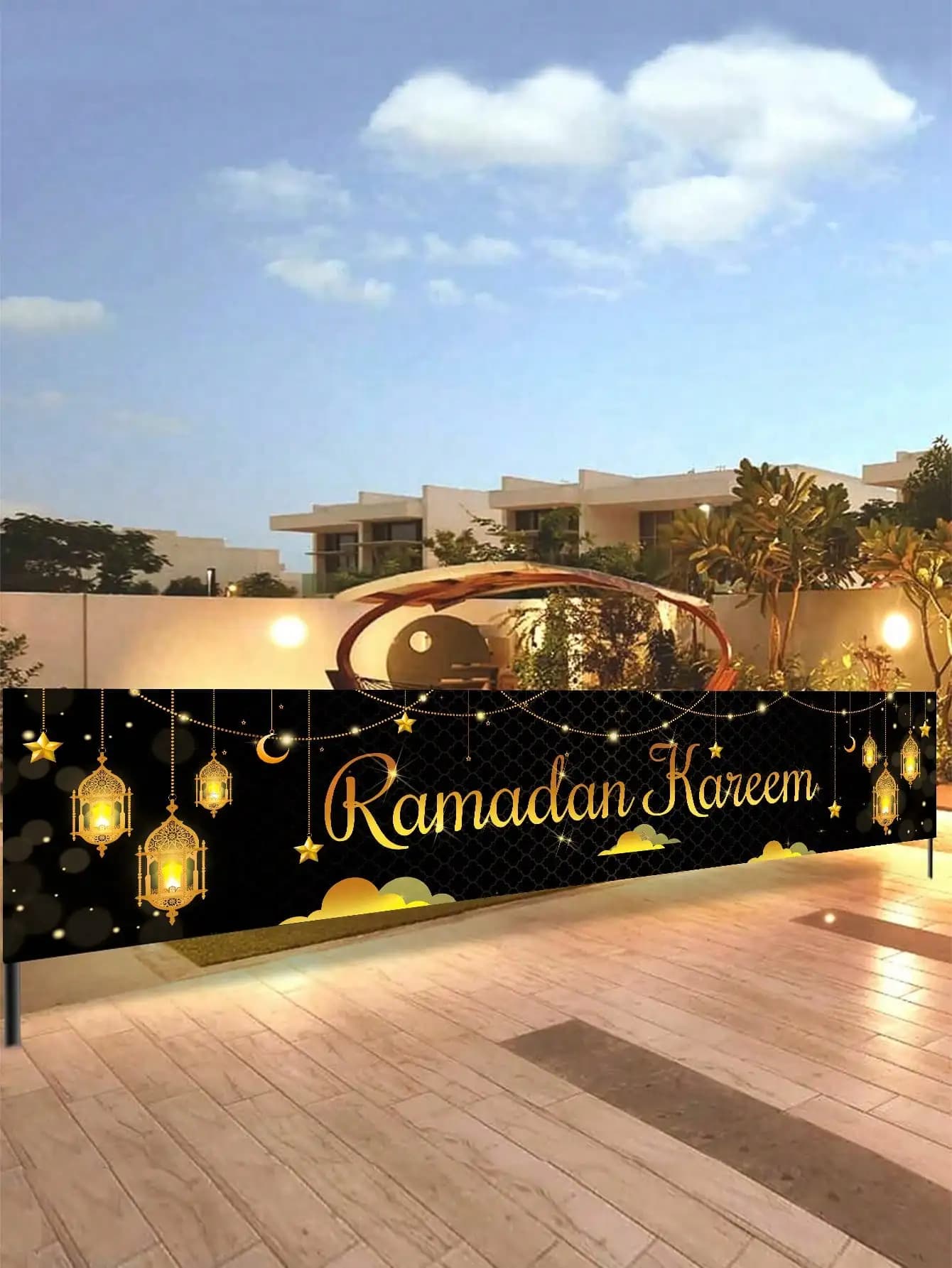 1 pezzo Ramadan Kareem banner decorativo nero oro stella luna lanterna banner festival musulmano festa decorazione esterna tenda
