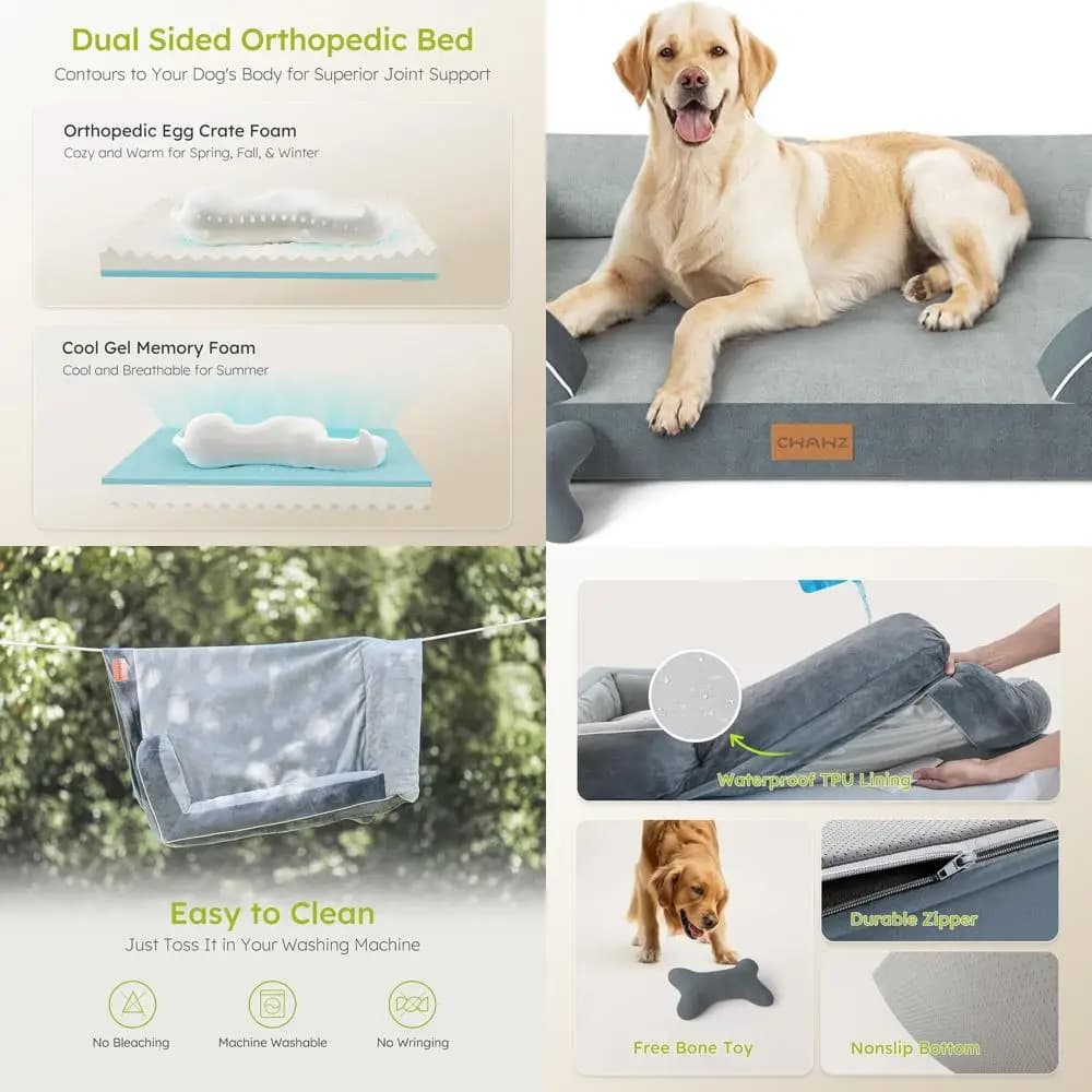 Letto Ortopedico per Cani in Memory Foam con Gel Rinfrescante, Rivestimento Impermeabile Rimovibile, Divano 45 con Giocattolo a Forma di Osso, Grigio Scuro