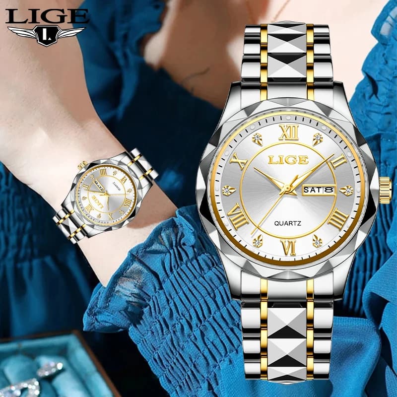 LIGE Fashion Luxury Women's Waterproof Date Luminous Stainless Steel Strap Quartz Wrist Watch Reloj Mujer
