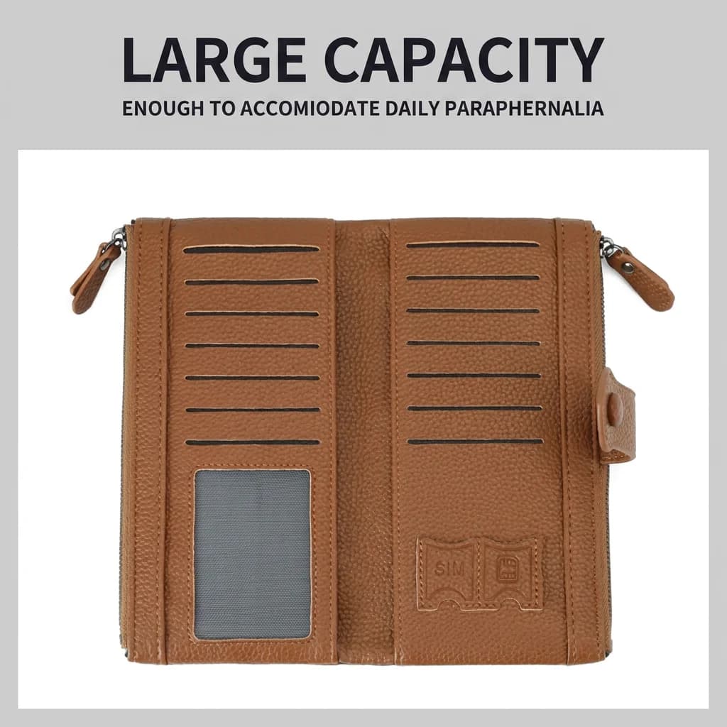 Portafoglio lungo da donna a doppia zip, porta carte e telefono, in pelle PU, con cuciture raffinate, blocco RFID, per uso quotidiano.