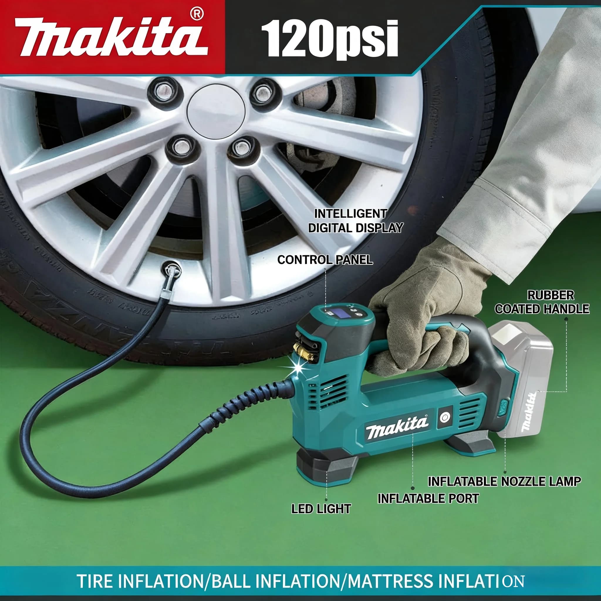 Pompa ad aria elettrica Makita DYS59, compressore d'aria portatile per pneumatici auto, gonfiatore automatico senza fili per batteria Makita 18V (batteria non inclusa)