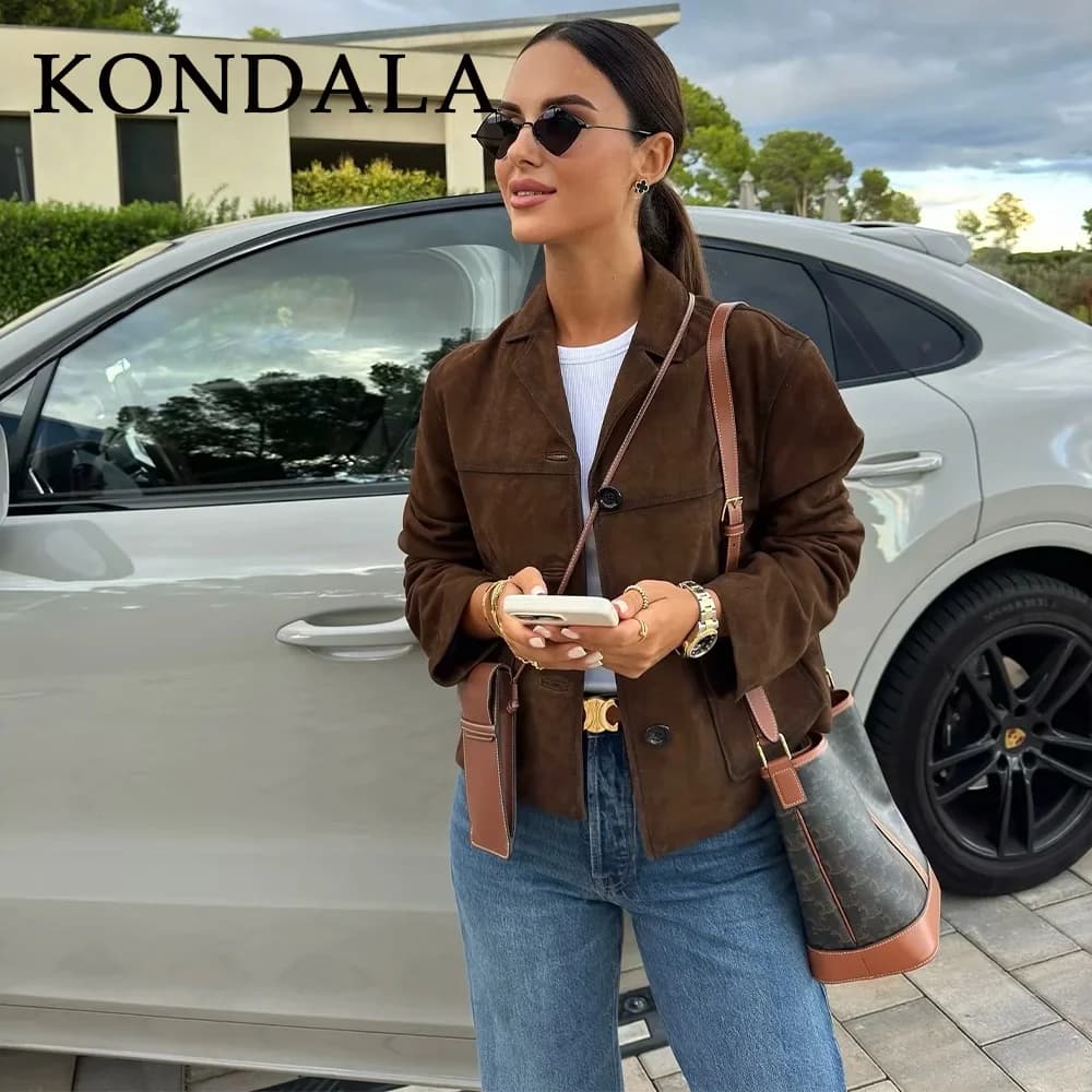 KONDALA 2025 Autunno Inverno Vintage Marrone Giacche da donna Moda Casual Tasche impiombate solide monopetto Chic Giacche da donna