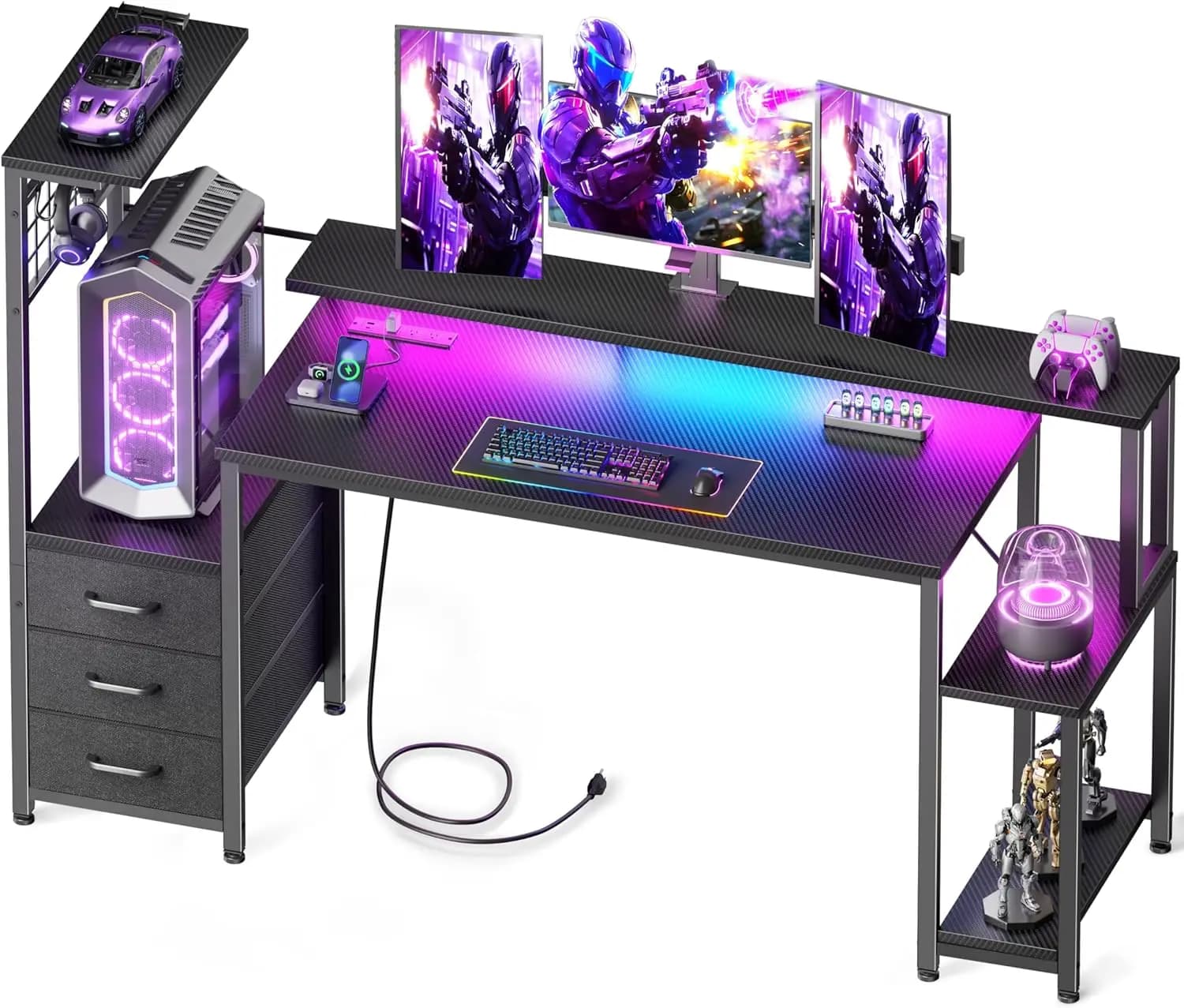 Carbon Fiber Black 55-Inch Gaming Desk with Bluetooth LED Lights and Built-in Power Outlets, Including Fabric Drawers and Hooks, Reversible Computer Desk with Monitor Stand for Home Office or Game Room