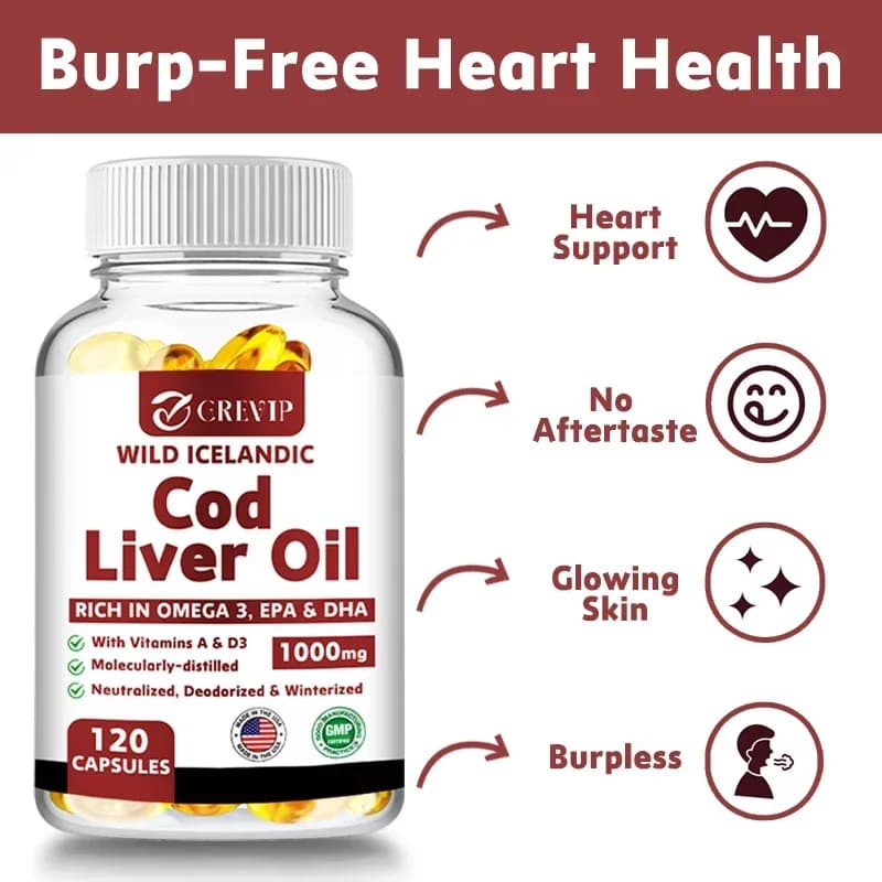 Cod liver oil capsules - with Omega 3 EPA/DHA - for the brain of heart articulation and immune support supplement
