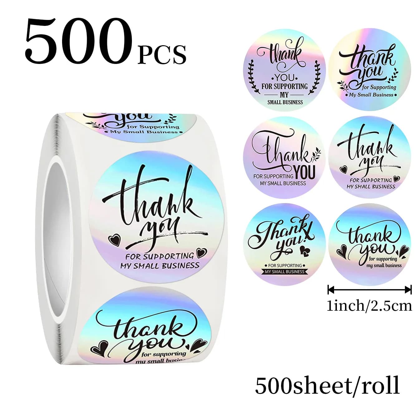 JCAC 500pcs/roll 1 Inch Holographic Thank You Stickers, Self-Adhesive Gift Box Wedding Favor Seal Labels