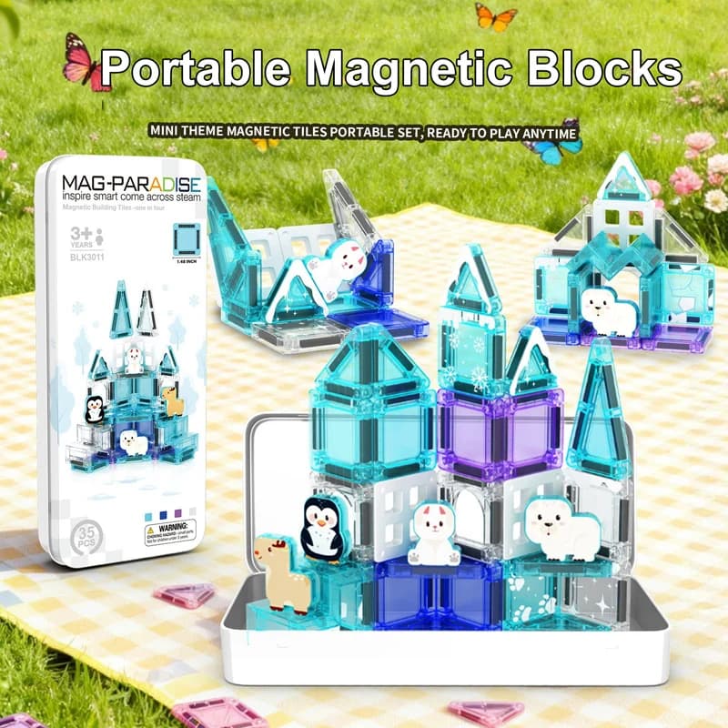Cartoon Scene Magnetic Building Blocks Construction Set Portable Mini Magnetic Tiles with Iron Box Educational Magnet Toys Gift