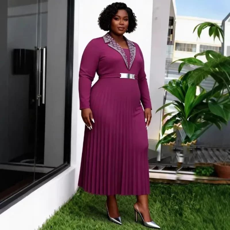 Abiti Africani Taglie Forti L-4XL per Donna, Elegante Vestito Lungo con Maniche Lunghe e Scollo a V in Poliestere Plissettato, Outfit Primaverile ed Estivo