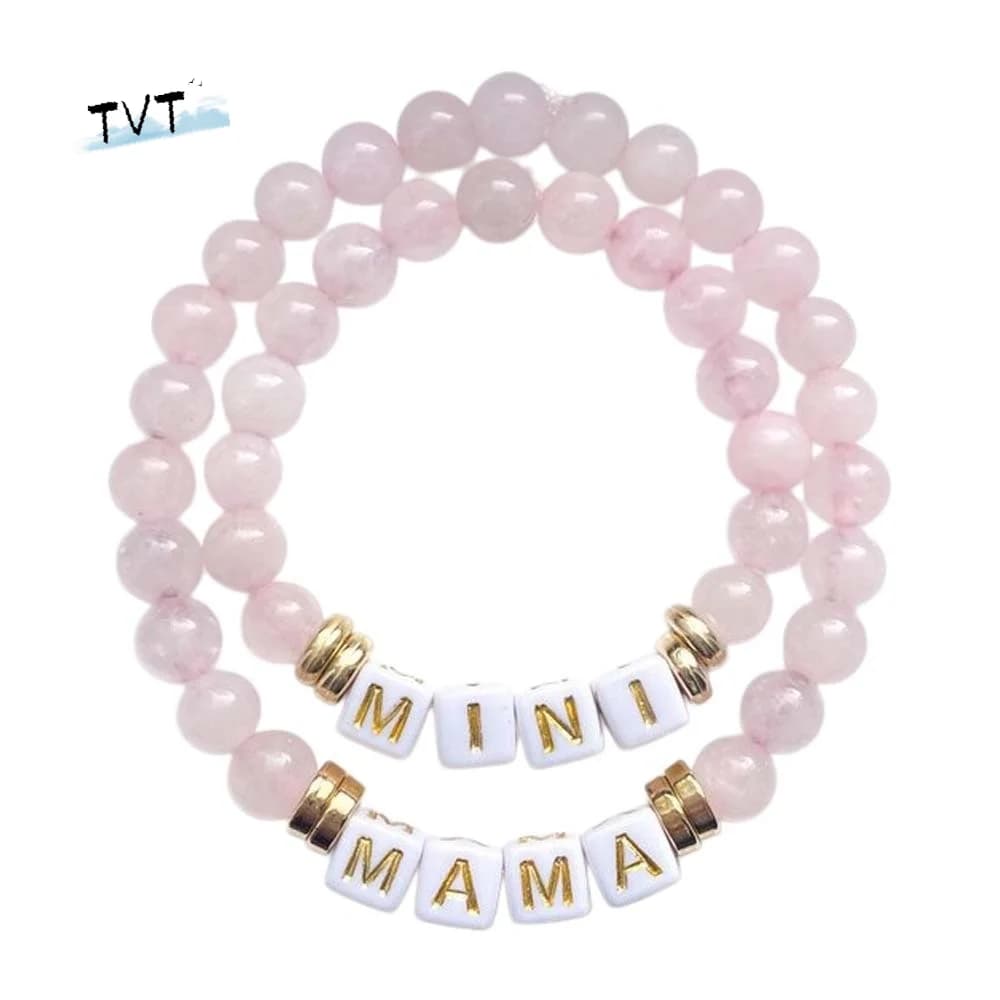 Set di 2 Braccialetti Minimalisti per la Festa della Mamma, Imitazione Quarzo Rosa, MINI MAMA, Bracciale Madre e Figlia, 2 Pezzi, Gioielli Eleganti