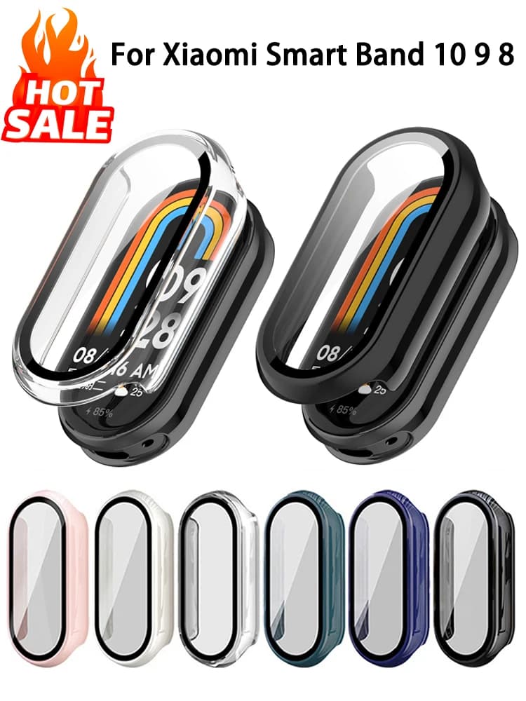 Tempered Glass Case + PC for Xiaomi Mi Band 10 9 8 Shockproof Protective Cover for Fully Hard Screen Xiaomi Smart Band 10 9 Accessories