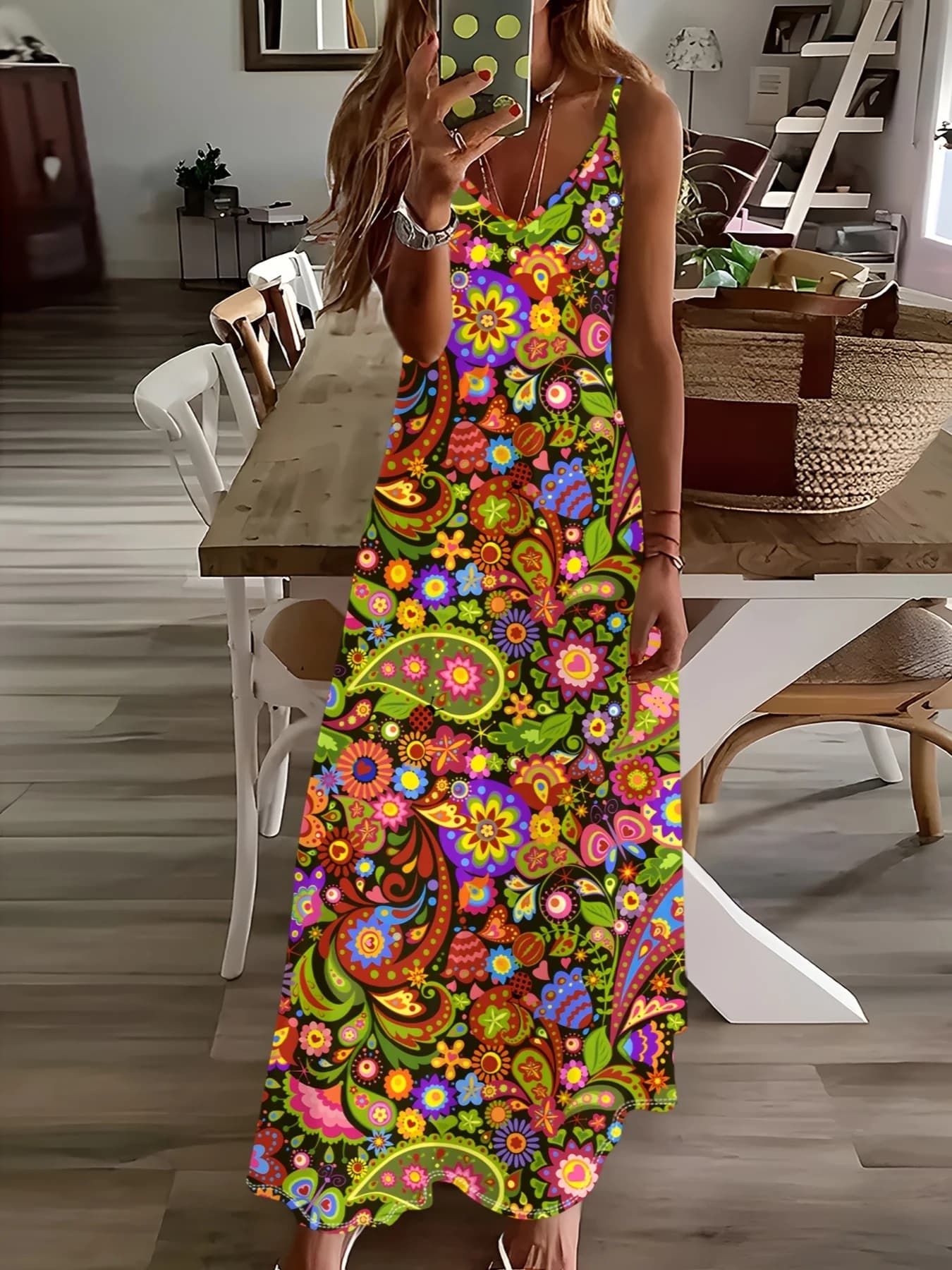 Printed Design Four Seasons casual style Floral Paisley Pattern Print Design V-neck sling dress