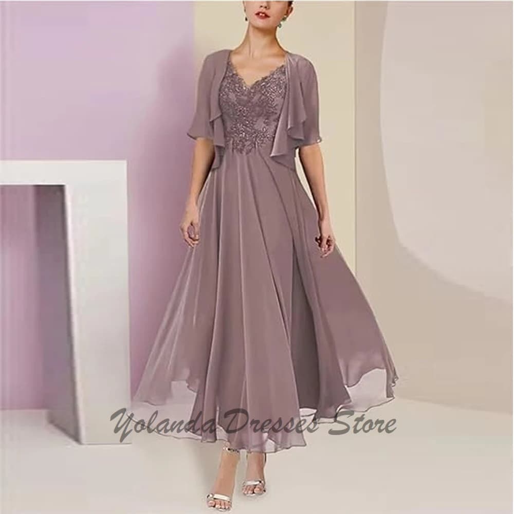 Moderno 2 pezzi madre della sposa abiti giacca mezze maniche Appliques pizzo abito da sera formale con tasche lunghezza alla caviglia