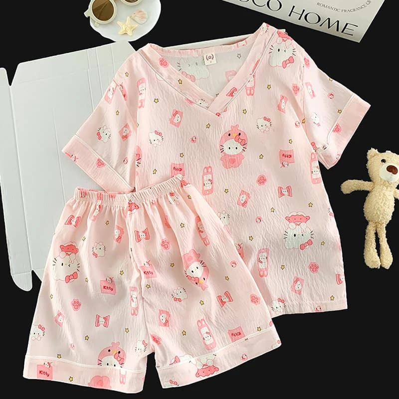 Summer Cloud Cotton Hello Kitty V-Neck Sweet Girl Home Clothes Set
