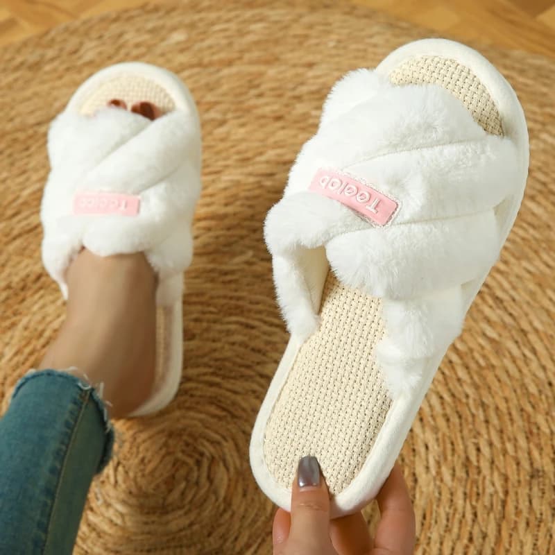 All Season Unisex Cozy Plush Linen Slides Soft Warm Non Slip Four Seasons Indoor Household Slippers