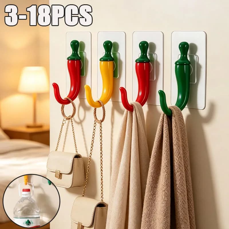 3-18PCS Chili Pepper Wall Hooks No Drill Self Adhesive Hooks Kitchen Storage Hooks for Home Wall Hanging Organization